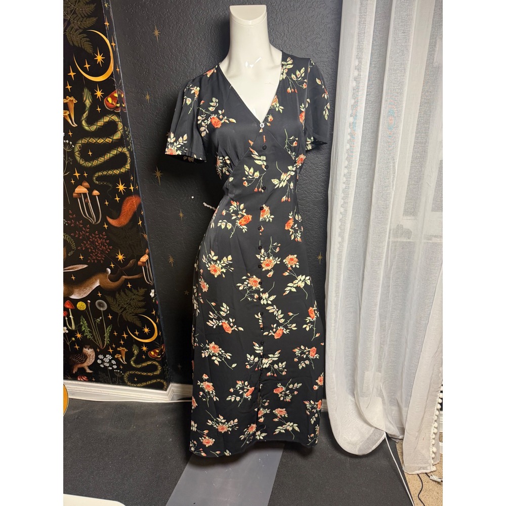 Rihoas Black Floral Button Down V-Neck Midi Dress Short Sleeve Orange Flower L